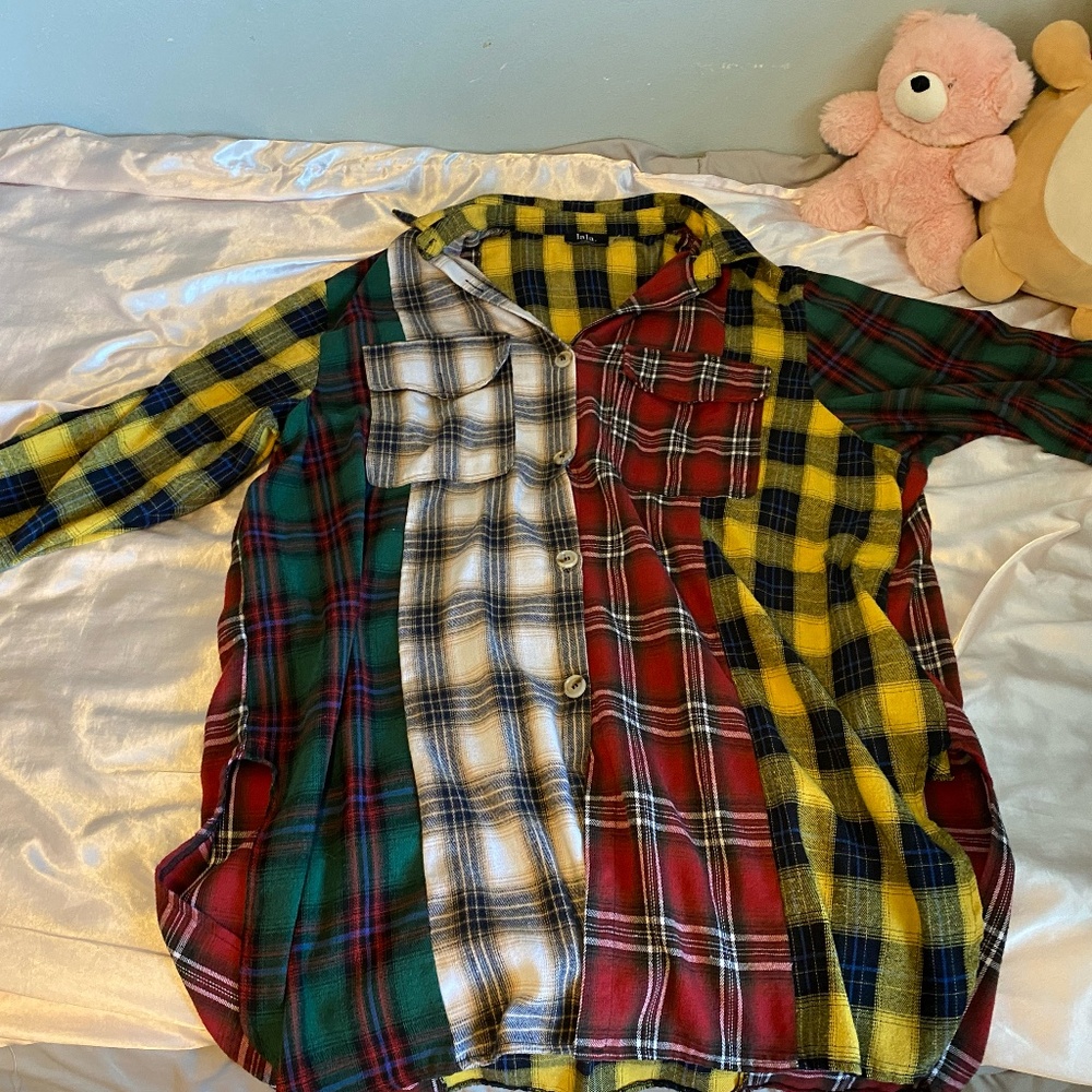 Zuri Oversized Grunge Flannel in Color Block Patchwork